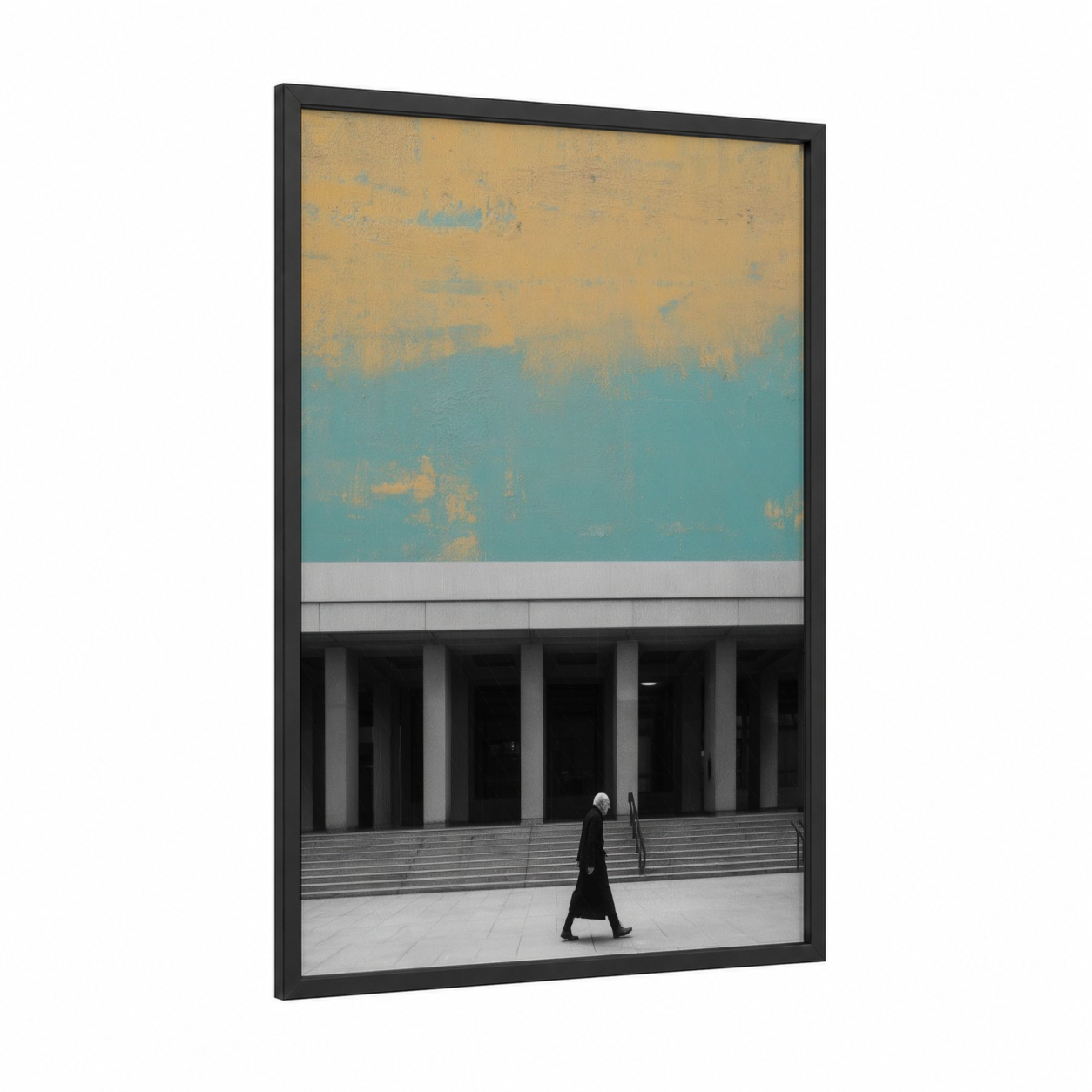 Turquoise Minimalism framed abstract architecture print — black wood frame — turquoise and gold palette