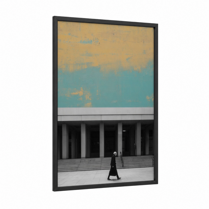 Turquoise Minimalism framed abstract architecture print — black wood frame — turquoise and gold palette