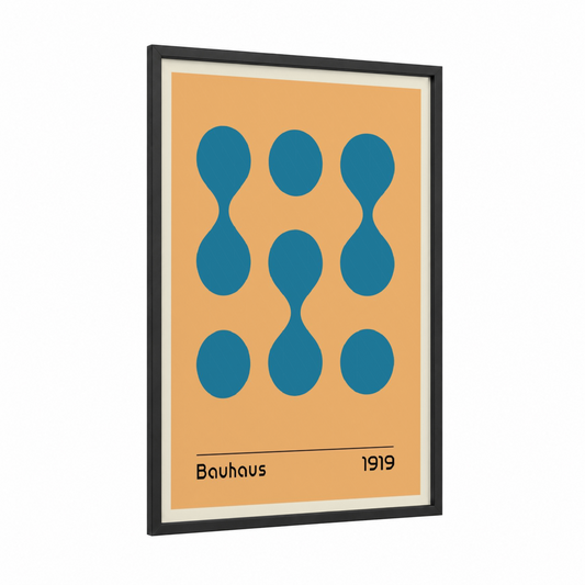 Bauhaus Circles framed abstract geometric print — black wood frame — peach and blue palette