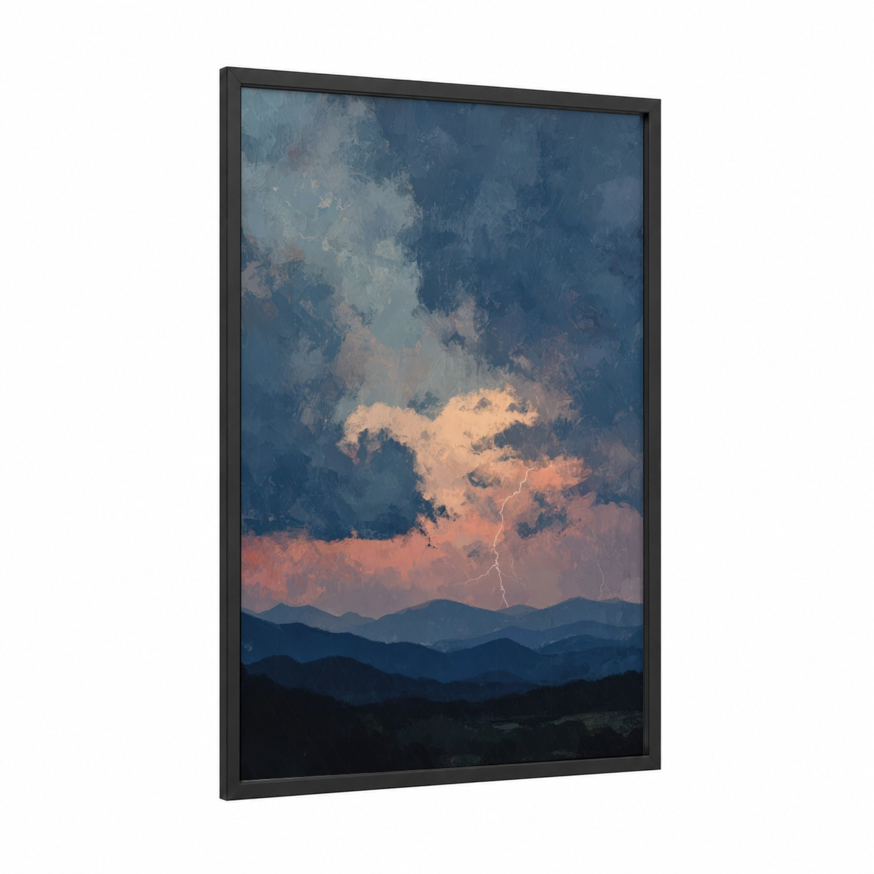 Stormy Ridge framed blue ridge mountains print — black wood frame — dark blue and peach palette