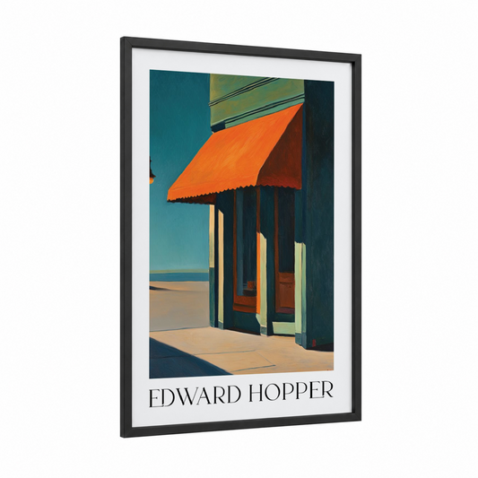 Orange Storefront framed art print — black wood frame — orange and teal palette