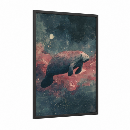 Cosmic Manatee framed manatees print — black wood frame — dark blue and salmon pink palette