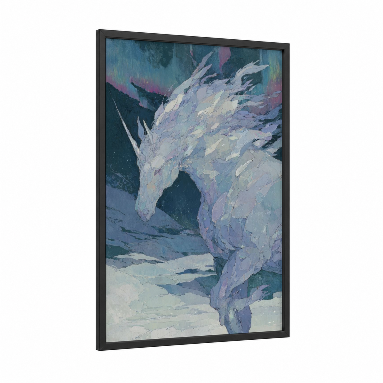 Snowy Unicorn framed unicorns print — black wood frame — blue and lavender palette