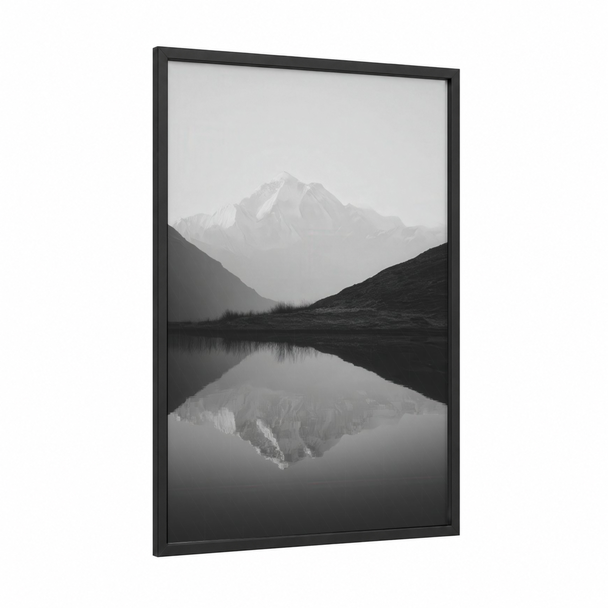 Misty Himalayan Peak framed himalayas print — black wood frame — black and white and gray palette