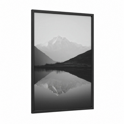 Misty Himalayan Peak framed himalayas print — black wood frame — black and white and gray palette