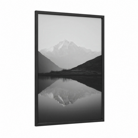 Misty Himalayan Peak framed himalayas print — black wood frame — black and white and gray palette