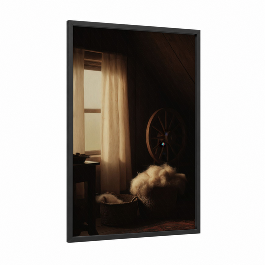 Rustic Knitting Room framed knitting and sewing print — black wood frame — gold and espresso palette