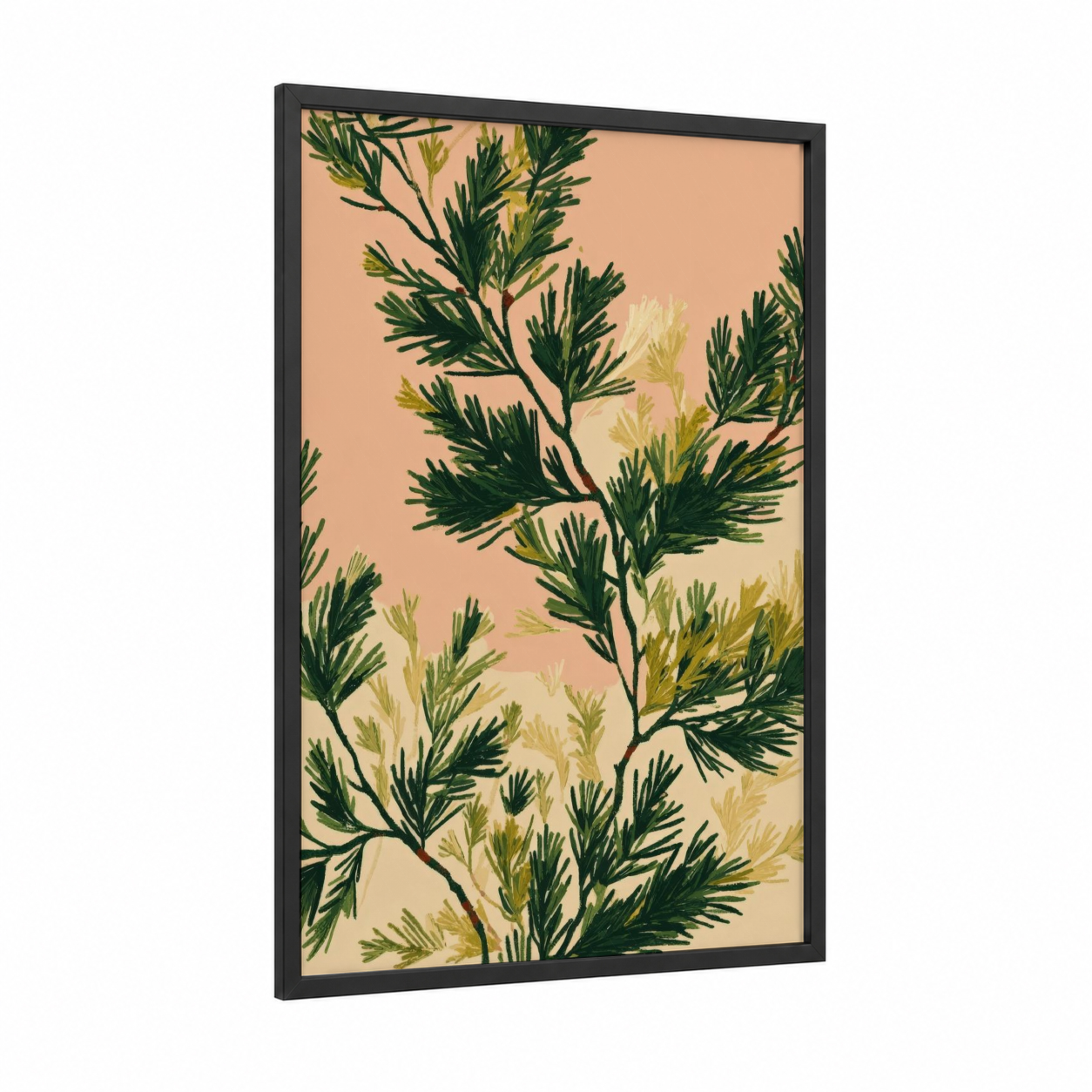 Feathered Juniper framed juniper tree print — black wood frame — true green and peach palette
