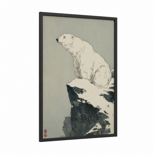 Arctic Sentinel framed polar bear print — black wood frame — white and dove gray palette