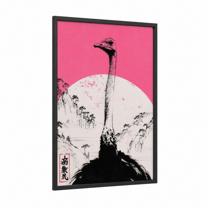 Pink Ostrich framed art print — black wood frame — magenta and black and white palette