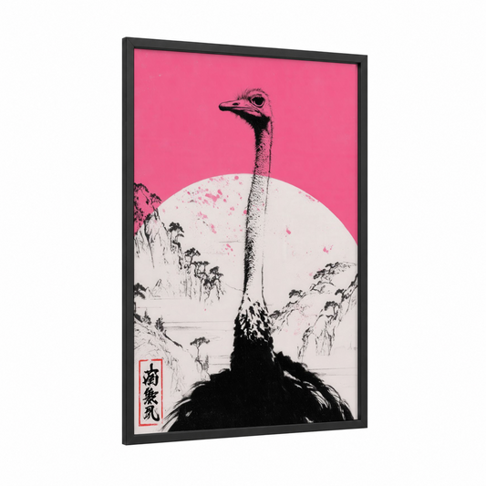 Pink Ostrich framed art print — black wood frame — magenta and black and white palette