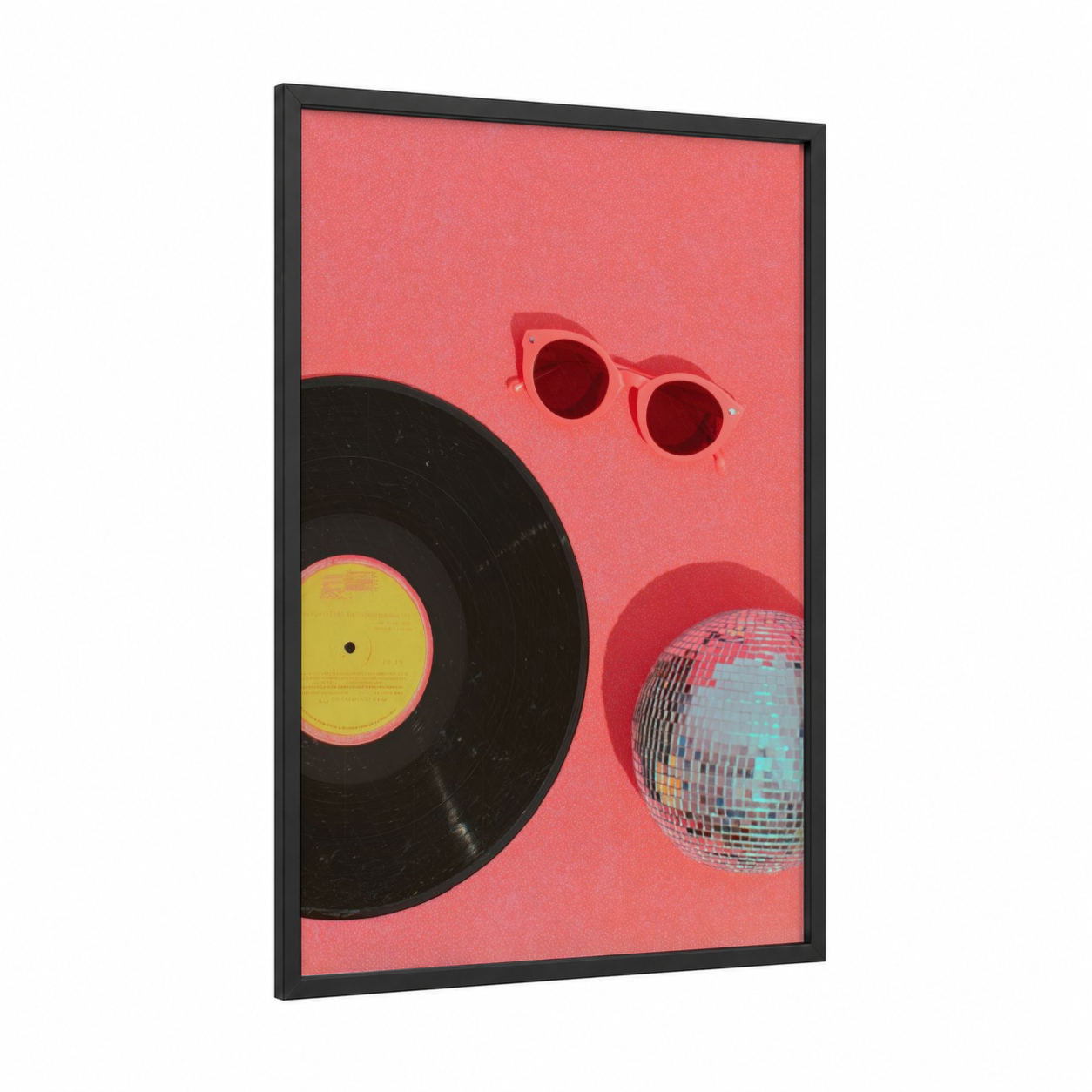 Disco Party Vibes framed retro pop print — black wood frame — salmon pink and gold palette