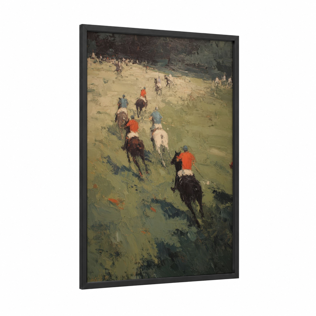 Countryside Polo Match framed horseback print — black wood frame — green and orange palette