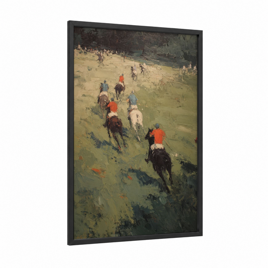 Countryside Polo Match framed horseback print — black wood frame — green and orange palette