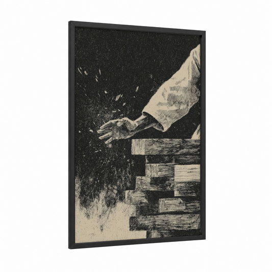 Karate Breaking framed art print — black wood frame — black and white and cream palette
