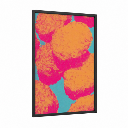 Vibrant Poultry Pop framed art print — black wood frame — magenta and gamboge palette