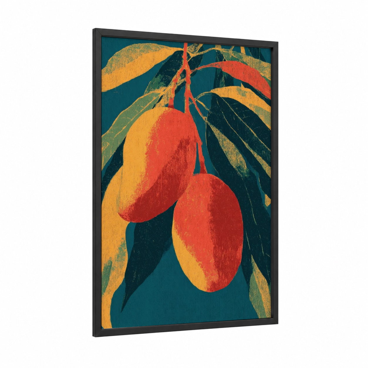 Crimson Mango Botanical framed fruit print — black wood frame — red and gold palette