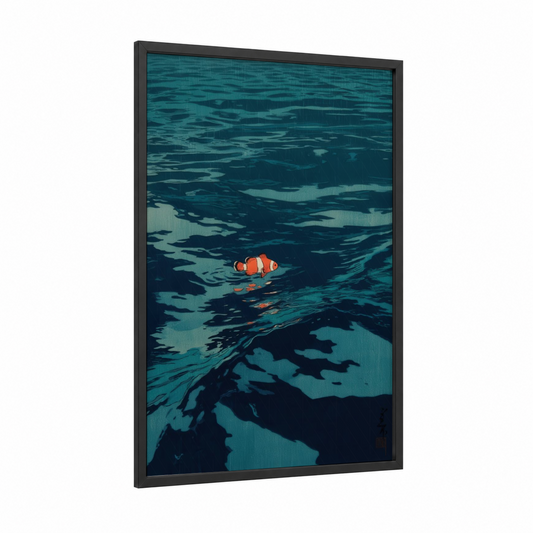 Solitary Clownfish framed clown fish print — black wood frame — teal and blue palette