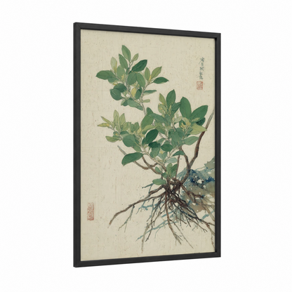 Rooted Mangrove framed art print — black wood frame — light green and beige palette