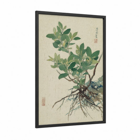 Rooted Mangrove framed art print — black wood frame — light green and beige palette