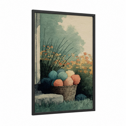 Cottage Garden Planters framed knitting and sewing print — black wood frame — teal and peach palette