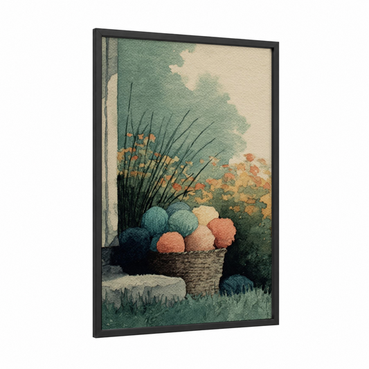 Cottage Garden Planters framed knitting and sewing print — black wood frame — teal and peach palette