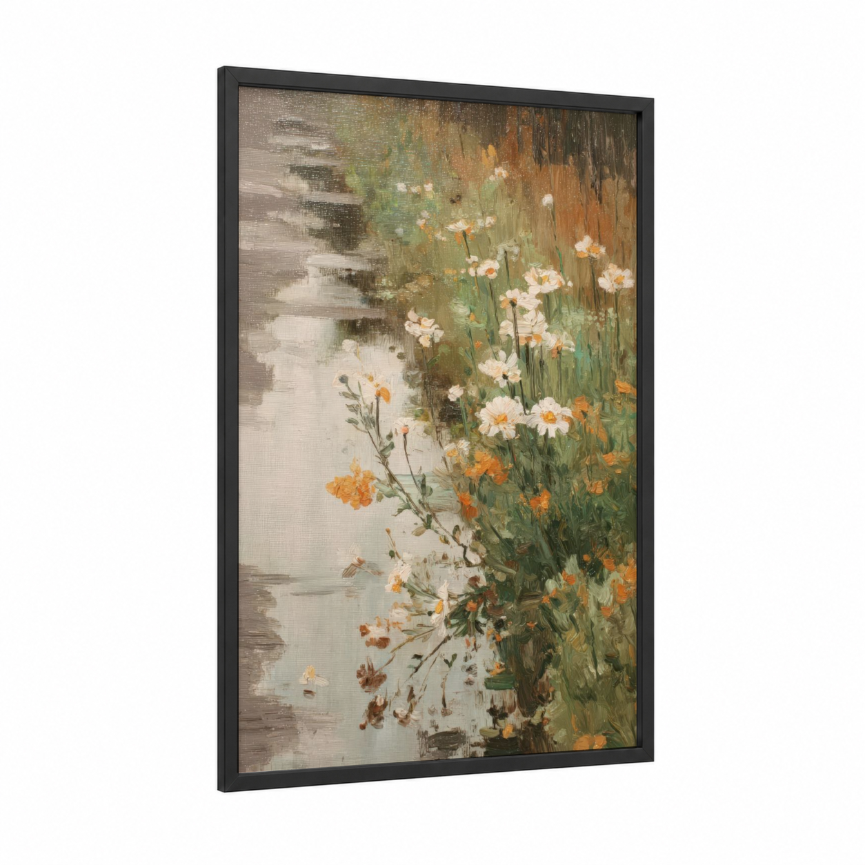 Rustic Daisy Meadow framed art print — black wood frame — cream and russet palette