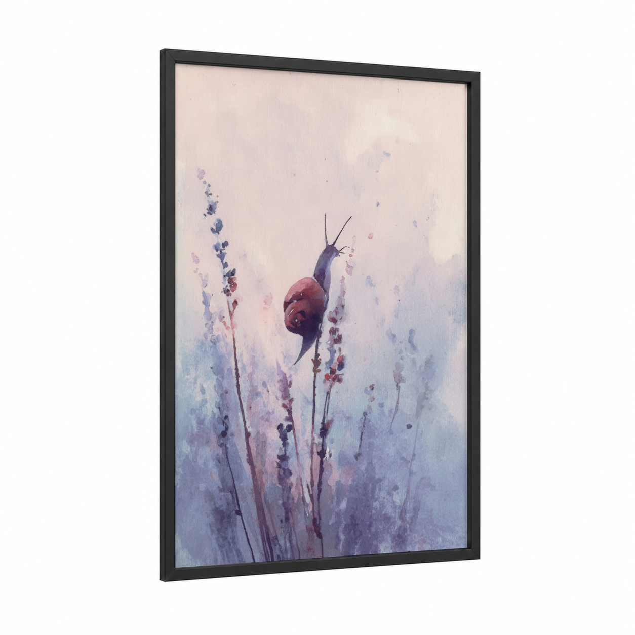 Lavender Snail framed art print — black wood frame — lavender and blue palette