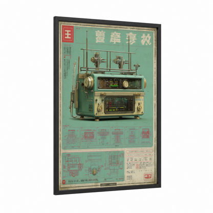 Vintage Radio Schematic framed vintage japanese ads print — black wood frame — turquoise and cream palette