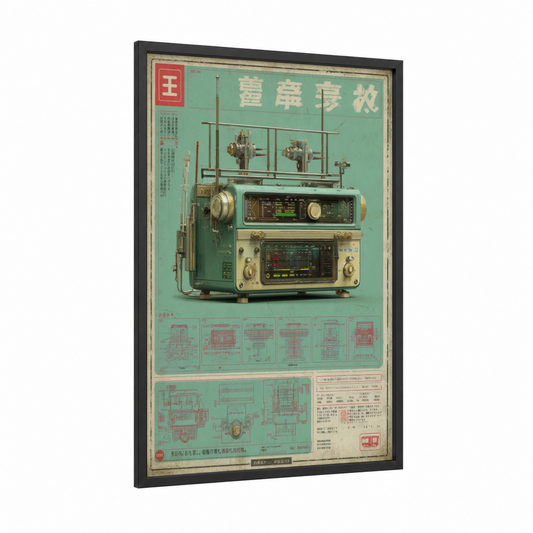 Vintage Radio Schematic framed vintage japanese ads print — black wood frame — turquoise and cream palette