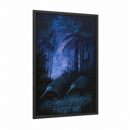 Nocturnal Kiwis framed art print — black wood frame — blue and dark blue palette