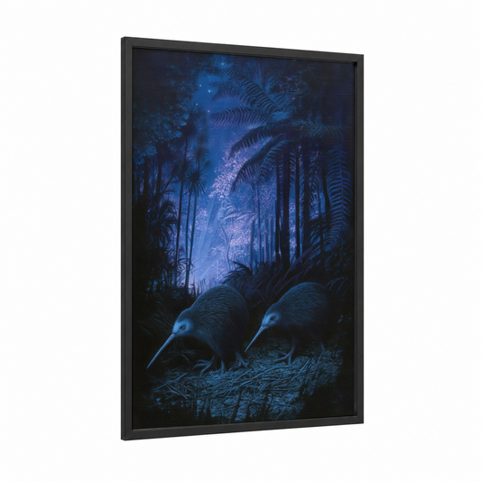 Nocturnal Kiwis framed art print — black wood frame — blue and dark blue palette