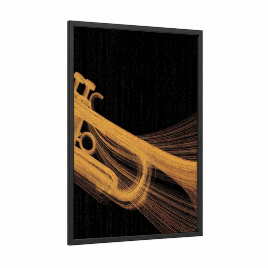 Golden Trumpet framed art print — black wood frame — gold and black palette