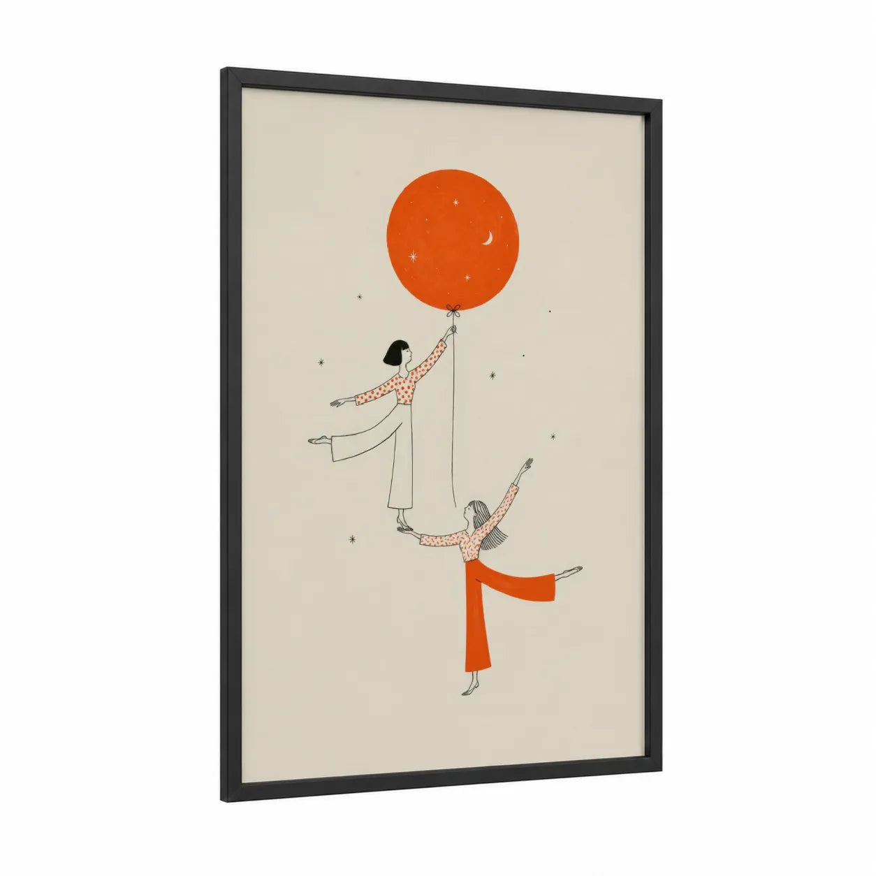 Dreamy Moon Balloon Minimalist Wall Art framed art print — black wood frame — orange and beige palette