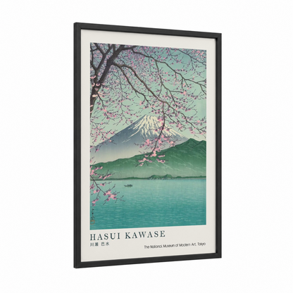 Mount Fuji Cherry Blossoms framed art print — black wood frame — light green and pink palette