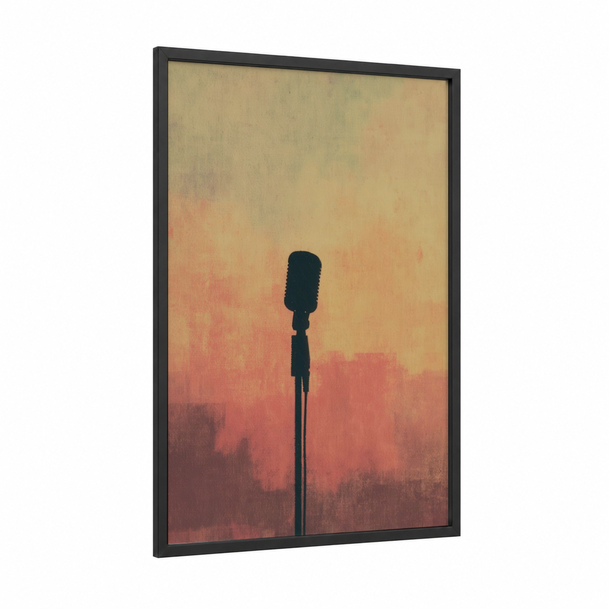 Sunset Microphone framed art print — black wood frame — salmon pink and peach palette