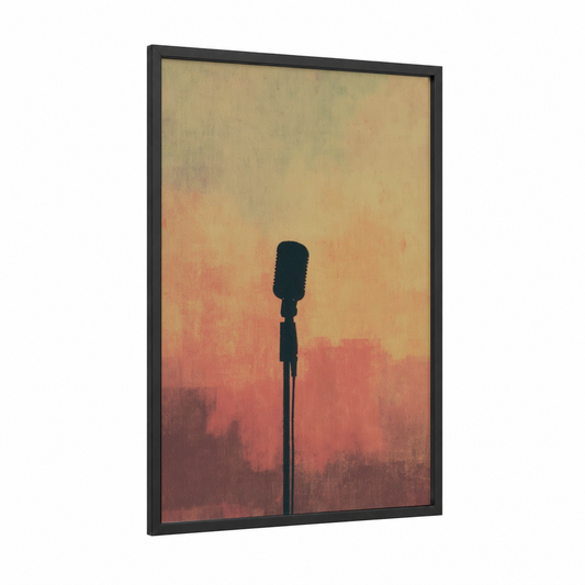 Sunset Microphone framed art print — black wood frame — salmon pink and peach palette