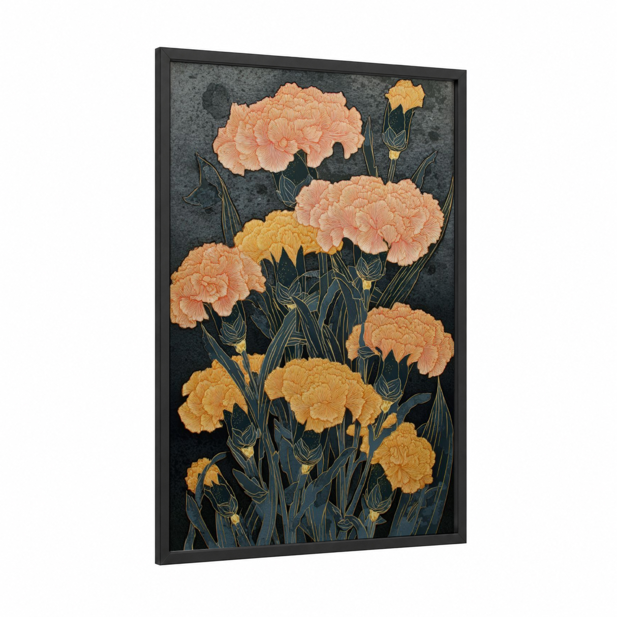 Peachy Carnation Cascade framed carnations print — black wood frame — peach and dark blue palette