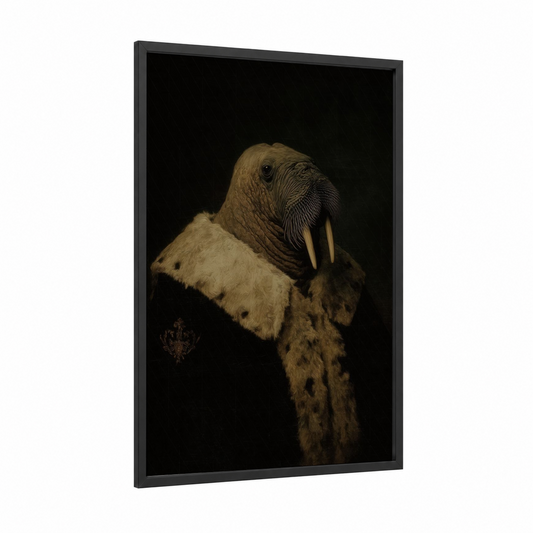 Arctic Walrus framed art print — black wood frame — black and cream palette