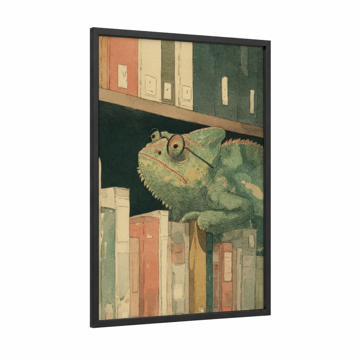 Spectacled Chameleon framed art print — black wood frame — sage green and beige palette