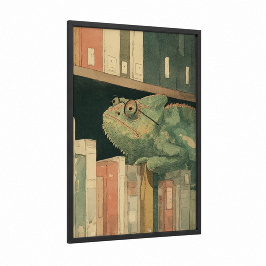 Spectacled Chameleon framed art print — black wood frame — sage green and beige palette