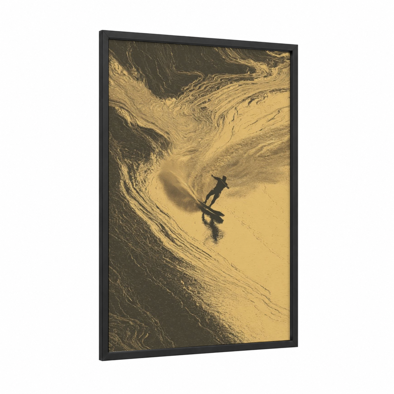 Golden Wakeboarder framed wakeboarding print — black wood frame — gold and black and gold palette