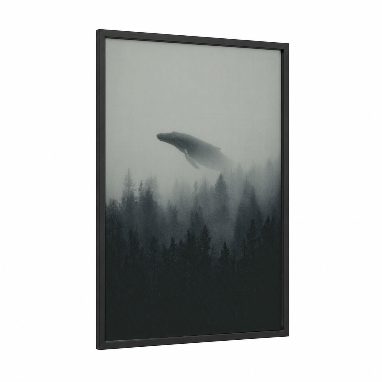 Misty Humpback framed humpback whale print — black wood frame — gray and black palette