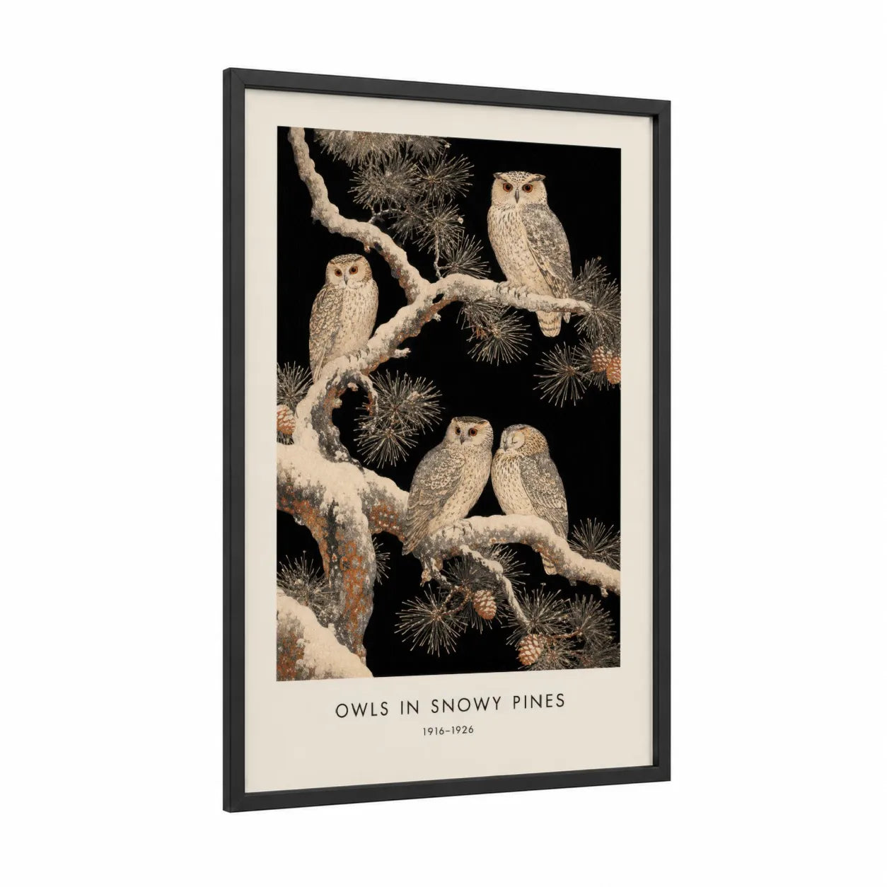 Snowy Pine Owls Winter Wall Art framed art print — black wood frame — beige and black palette