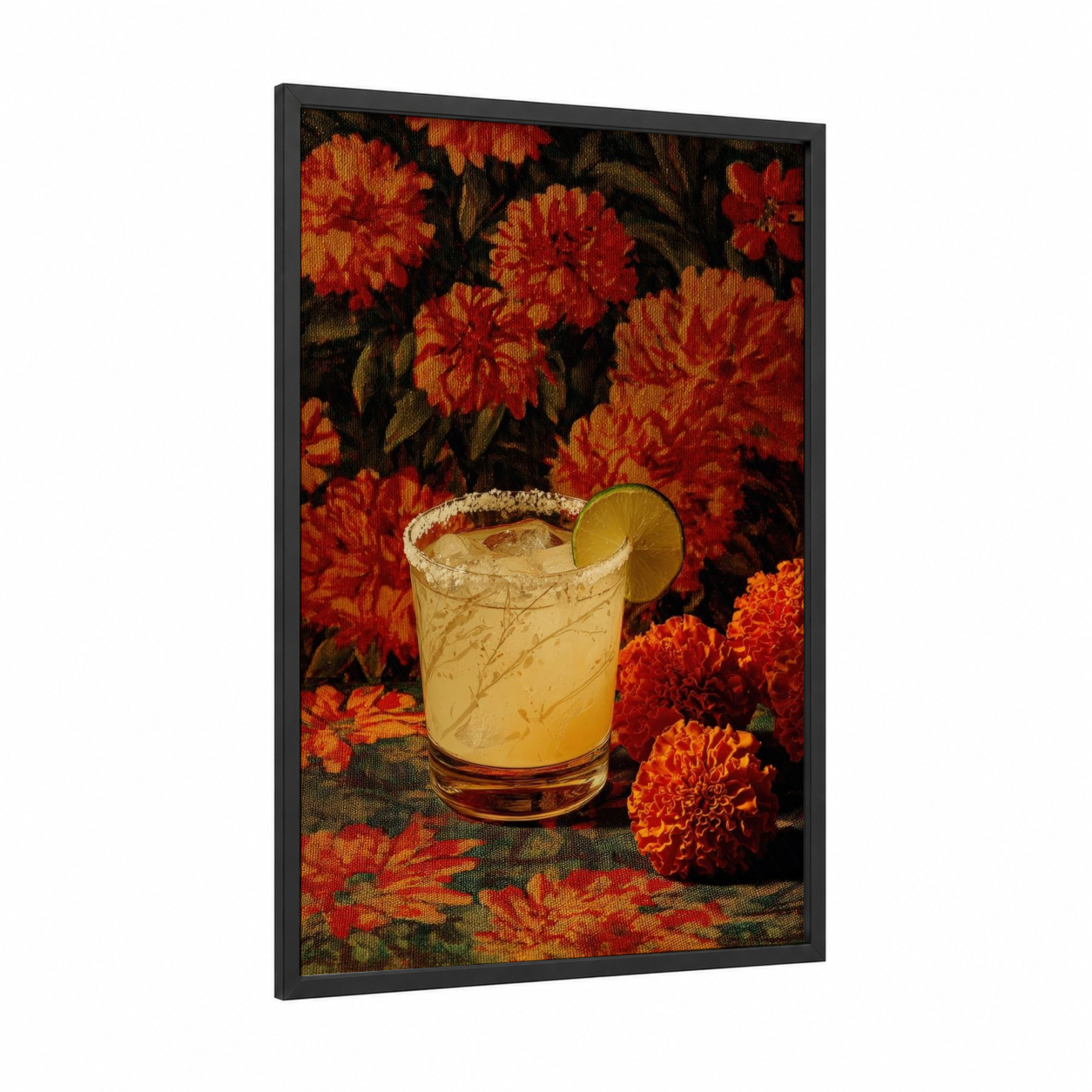 Citrus Margarita framed cocktail print — black wood frame — gold and red palette