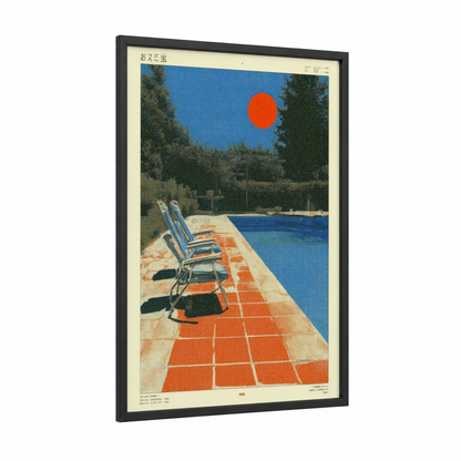 Poolside Sunset framed japanese y2k print — black wood frame — orange and blue palette