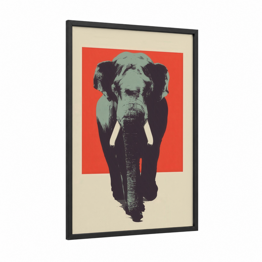 Crimson Elephant Portrait framed asian elephant print — black wood frame — red and sage green palette