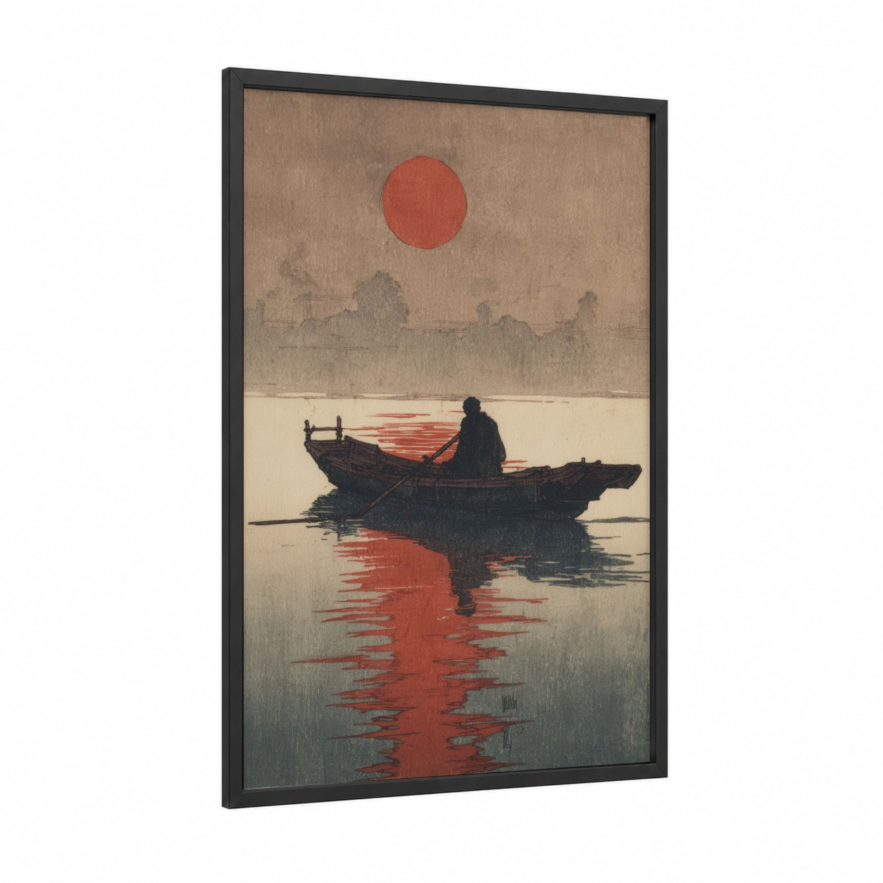 Crimson Sunrise Boatman framed kayaks and canoes print — black wood frame — red and beige palette