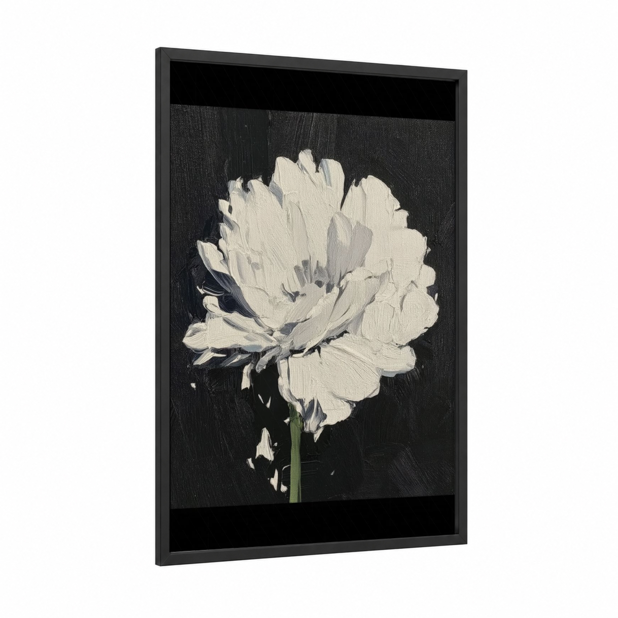Ivory Peony Study framed abstract flower print — black wood frame — black and white and white palette