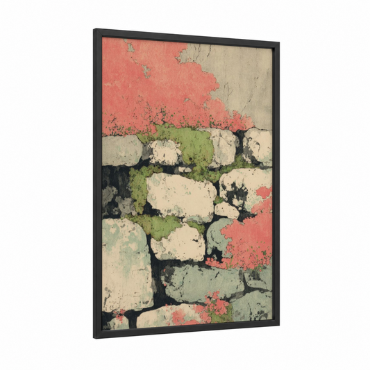 Weathered Stone Wall framed masonry print — black wood frame — cream and sage green palette